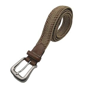 Torino USA Woven Belt Mens SZ 36 Brown Tan Leather Silver Buckle Stretch Golf